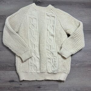 Wool Irish Chunky Knit Sweater Cream Vintage Anne McCool Crew Neck Fisherman